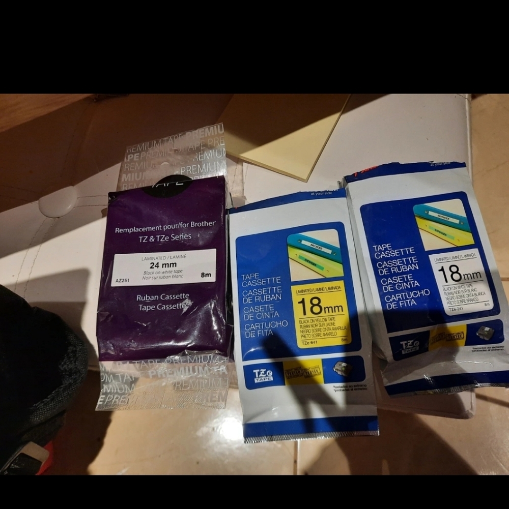 Lot of 3 BROTHER TZe Replacement Tape Casettes 2Blk on Wht 1 Yellow on White